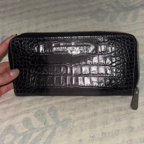 Michael Kors Handbags - Michael Kors Shiny Black Croc-Embossed Zip Wallet